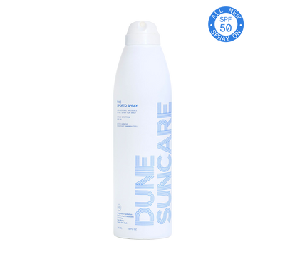 DUNE Sporto Spray SPF 50 continuous sunscreen spray with lightweight water resistant protection.  active lifestyle sunscreen, beach sunscreen, body sunscreen spray, continuous sunscreen spray, dune suncare, golf sunscreen, lightweight sunscreen spray, outdoor sunscreen, spf 50 spray, sport sunscreen, summer sunscreen, tennis sunscreen, water resistant sunscreen