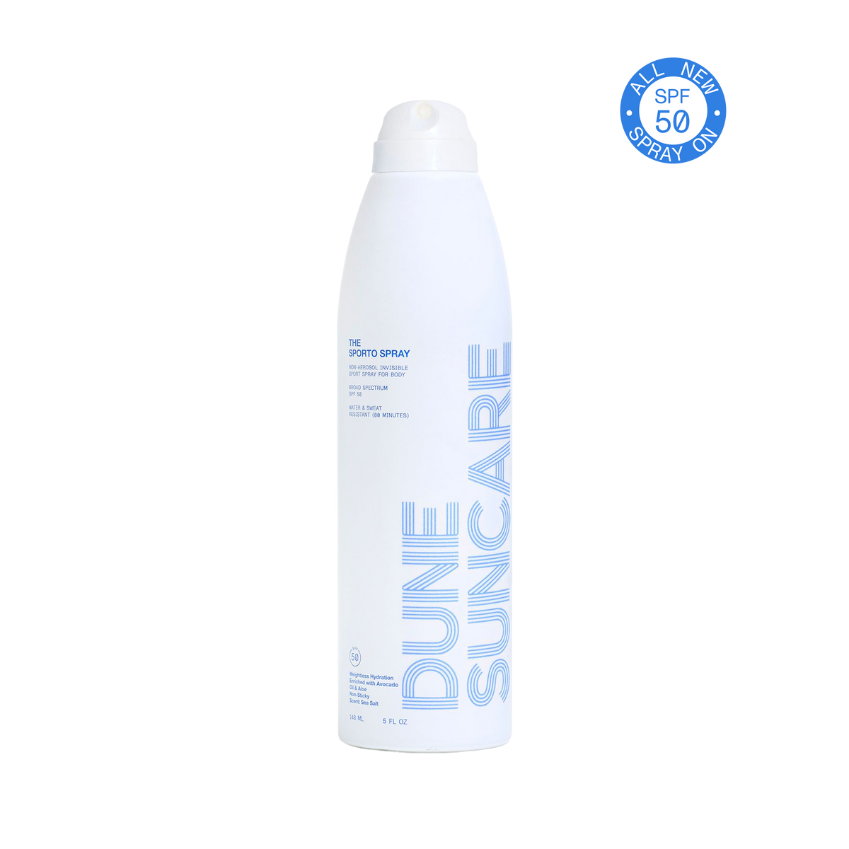 DUNE Sporto Spray SPF 50 continuous sunscreen spray with lightweight water resistant protection.  active lifestyle sunscreen, beach sunscreen, body sunscreen spray, continuous sunscreen spray, dune suncare, golf sunscreen, lightweight sunscreen spray, outdoor sunscreen, spf 50 spray, sport sunscreen, summer sunscreen, tennis sunscreen, water resistant sunscreen